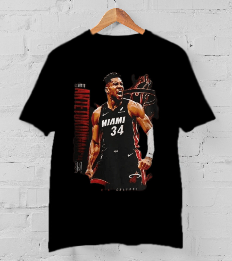 Miami Heat Giannis Antetokounmpo Yelling Flames Photomontage NBA Culture T-Shirt