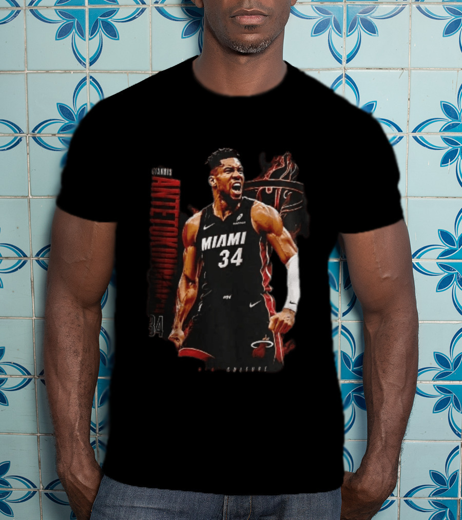 Miami Heat Giannis Antetokounmpo Yelling Flames Photomontage NBA Culture T-Shirt
