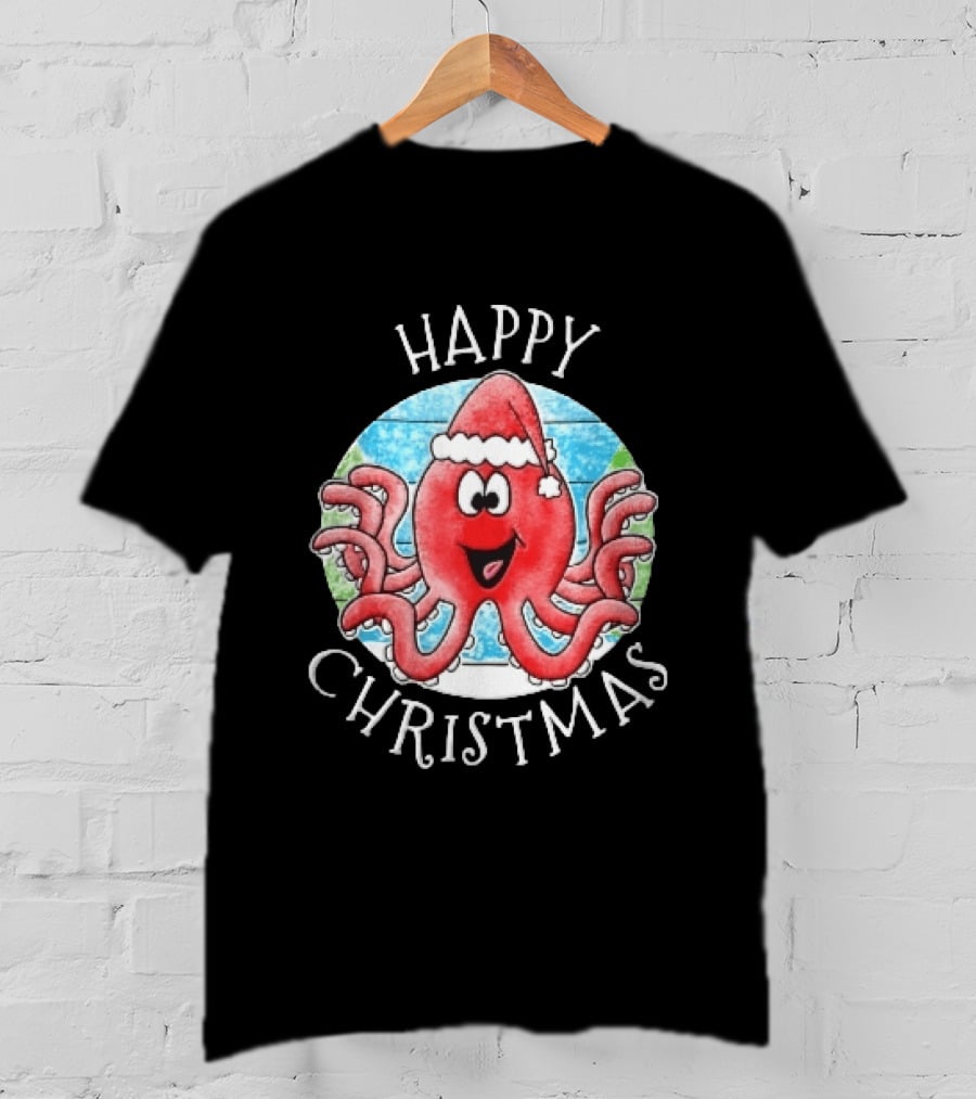 Happy Christmas Red Octopus Santa Hat Ocean Scene T-Shirt