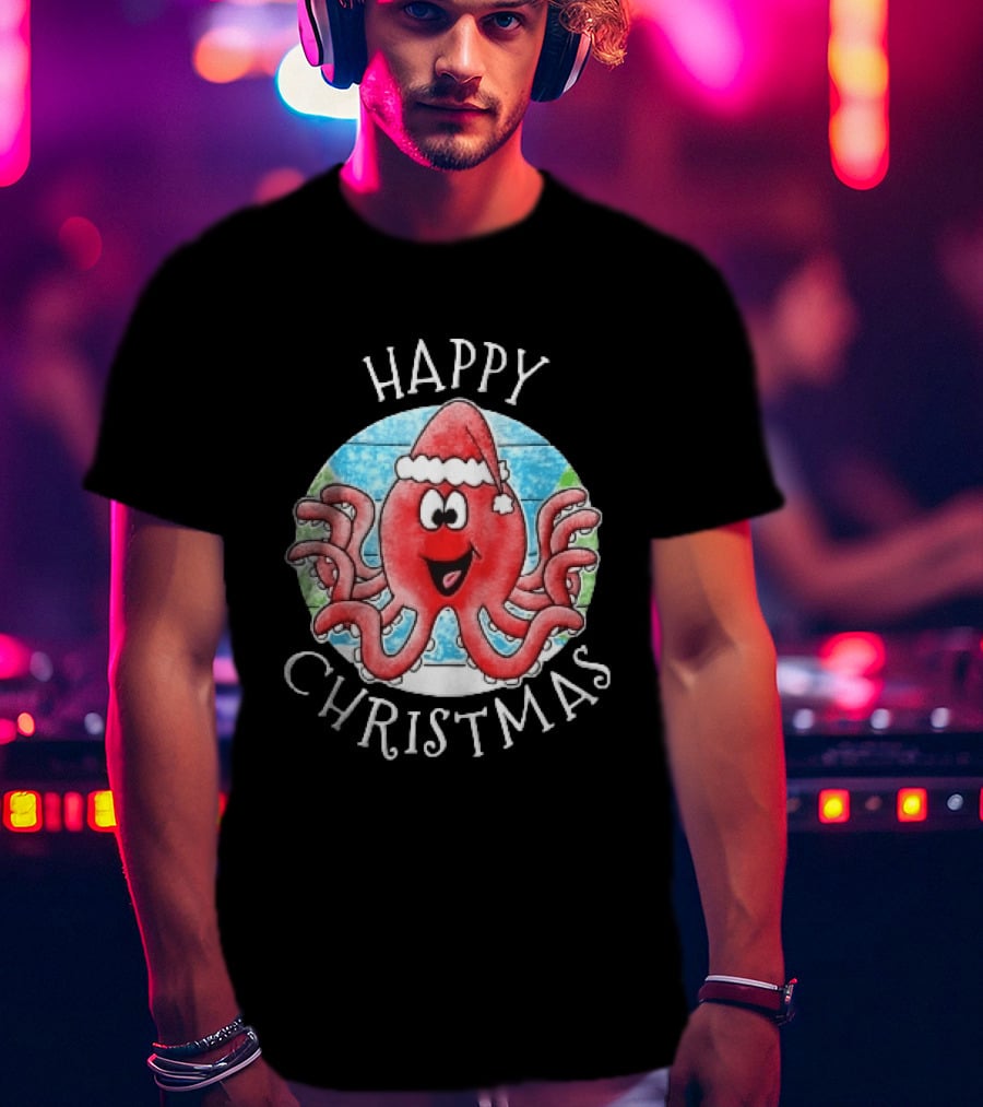 Happy Christmas Red Octopus Santa Hat Ocean Scene T-Shirt
