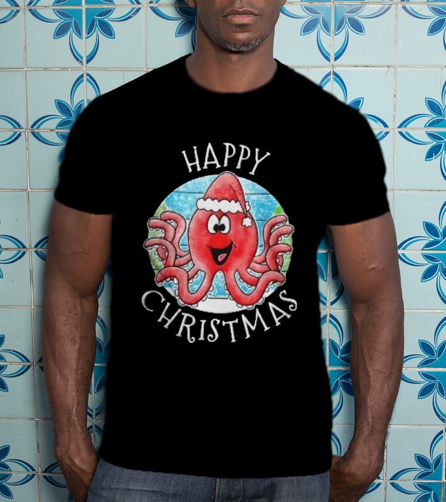 Happy Christmas Red Octopus Santa Hat Ocean Scene T-Shirt
