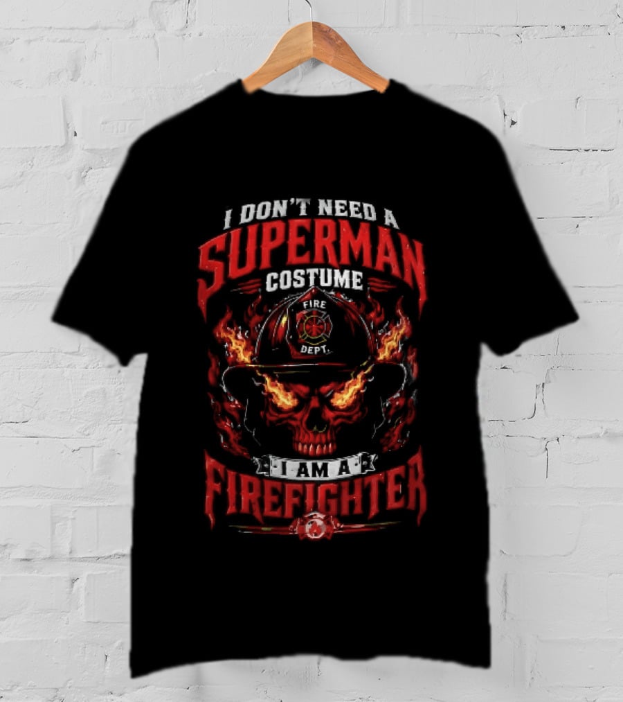 I Dont Need A Superman Costume Am Firefighter Flaming Skull Helmet Fire Dept Orange Flames T-Shirt