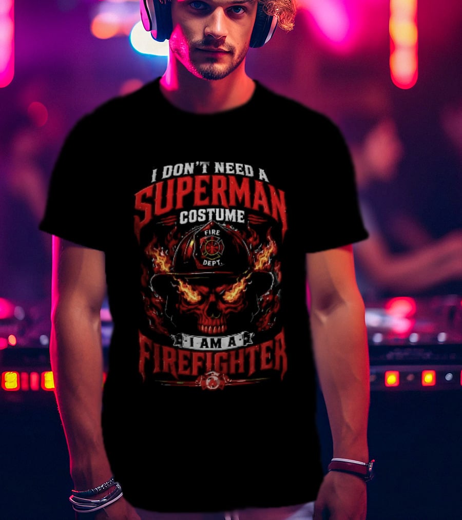 I Dont Need A Superman Costume Am Firefighter Flaming Skull Helmet Fire Dept Orange Flames T-Shirt