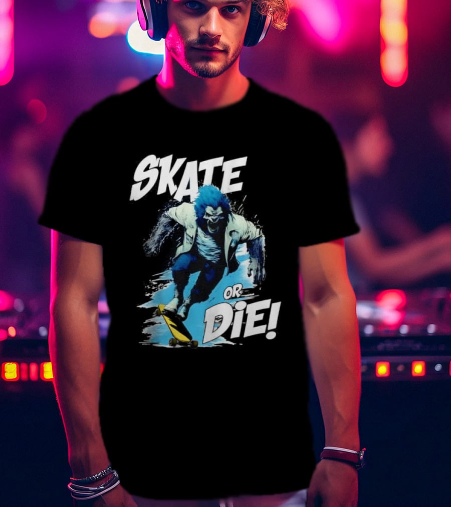 Skate Or Die Wolfy Classic Blue Werewolf Skateboarding T-Shirt