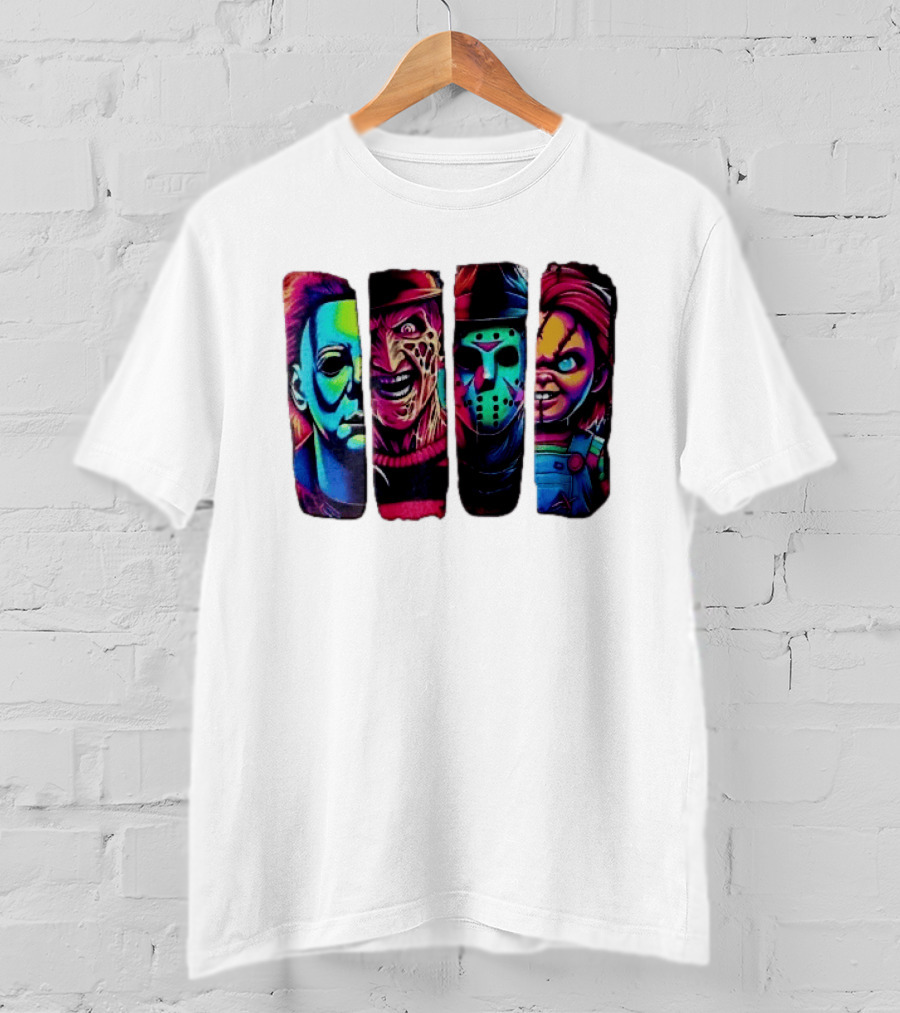 Fluorescent Horror Movie Slasher Faces Vertical Panels T-Shirt