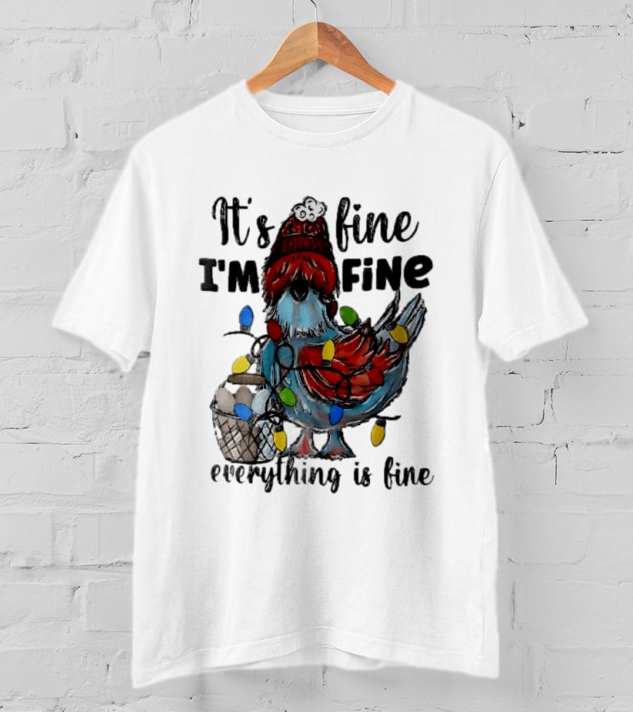 It's Fine I'm Fine Everything Is Fine Cartoon Chicken Tangled Christmas Lights T-Shirt