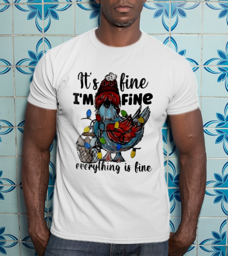 It's Fine I'm Fine Everything Is Fine Cartoon Chicken Tangled Christmas Lights T-Shirt