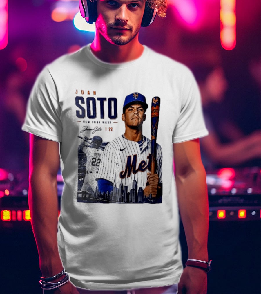 Juan Soto New York Mets MLB 22 Player Batting Skyline Collage T-Shirt