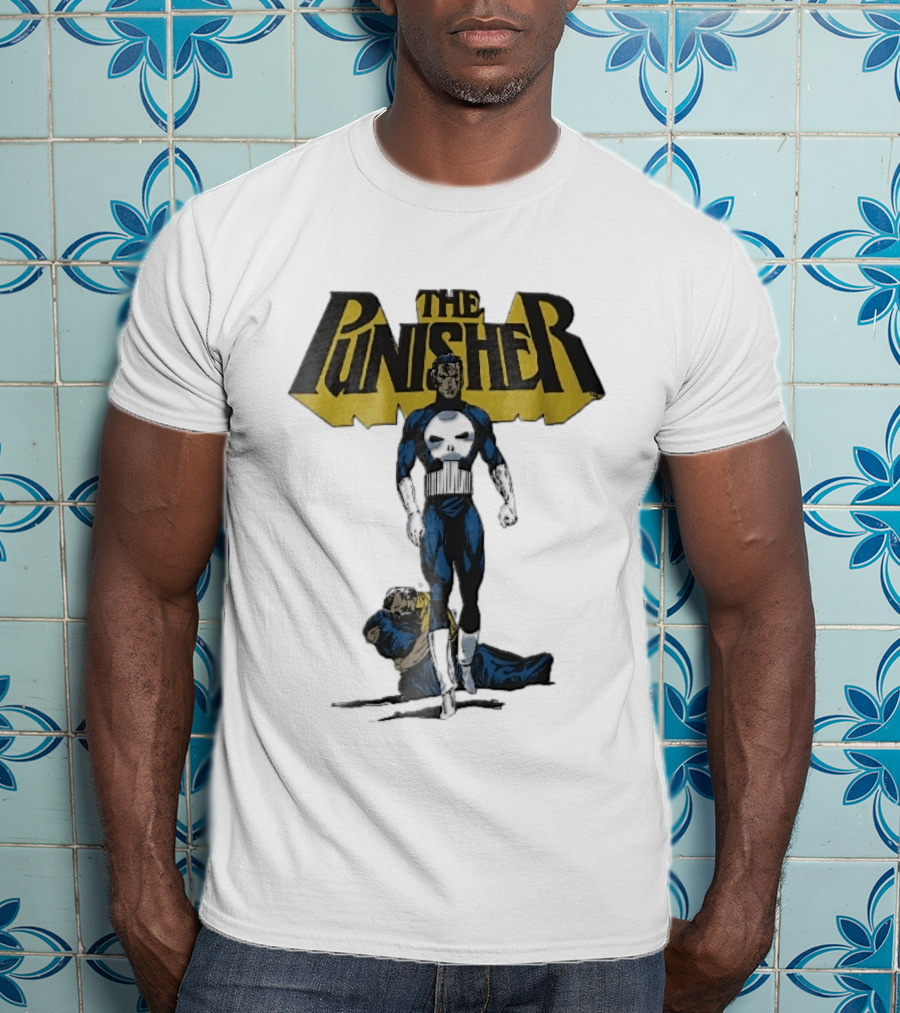 The Punisher Superhero Skull Comic Walking Scene With Defeated Man T-Shirt