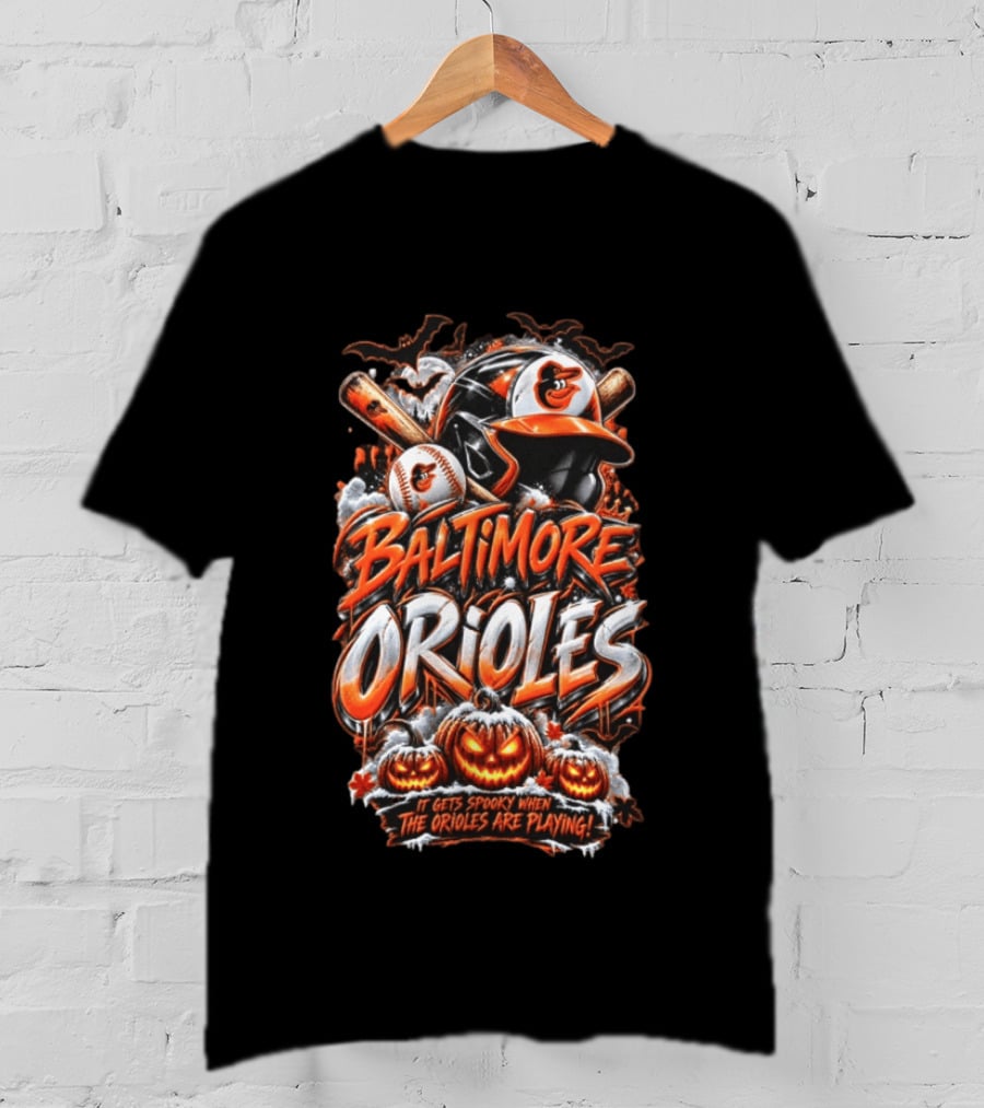 Baltimore Orioles MLB It Gets Spooky When They Are Playing Halloween Pumpkins Baseball T-Shirt