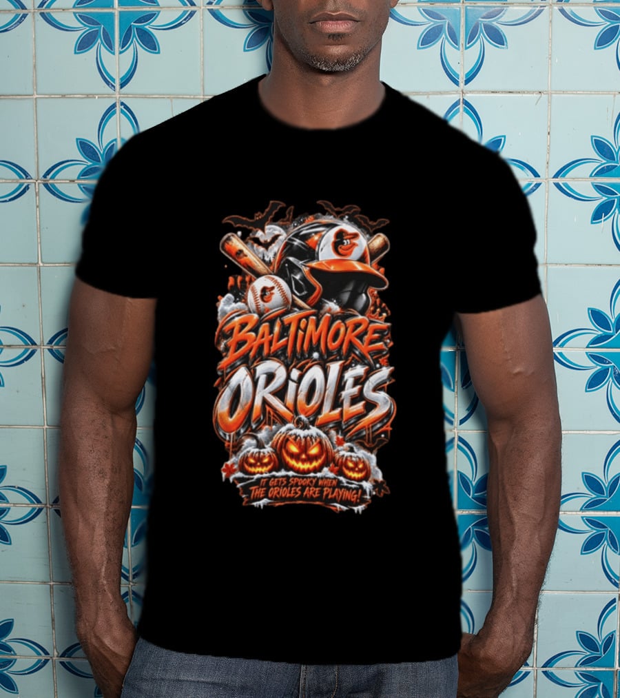 Baltimore Orioles MLB It Gets Spooky When They Are Playing Halloween Pumpkins Baseball T-Shirt