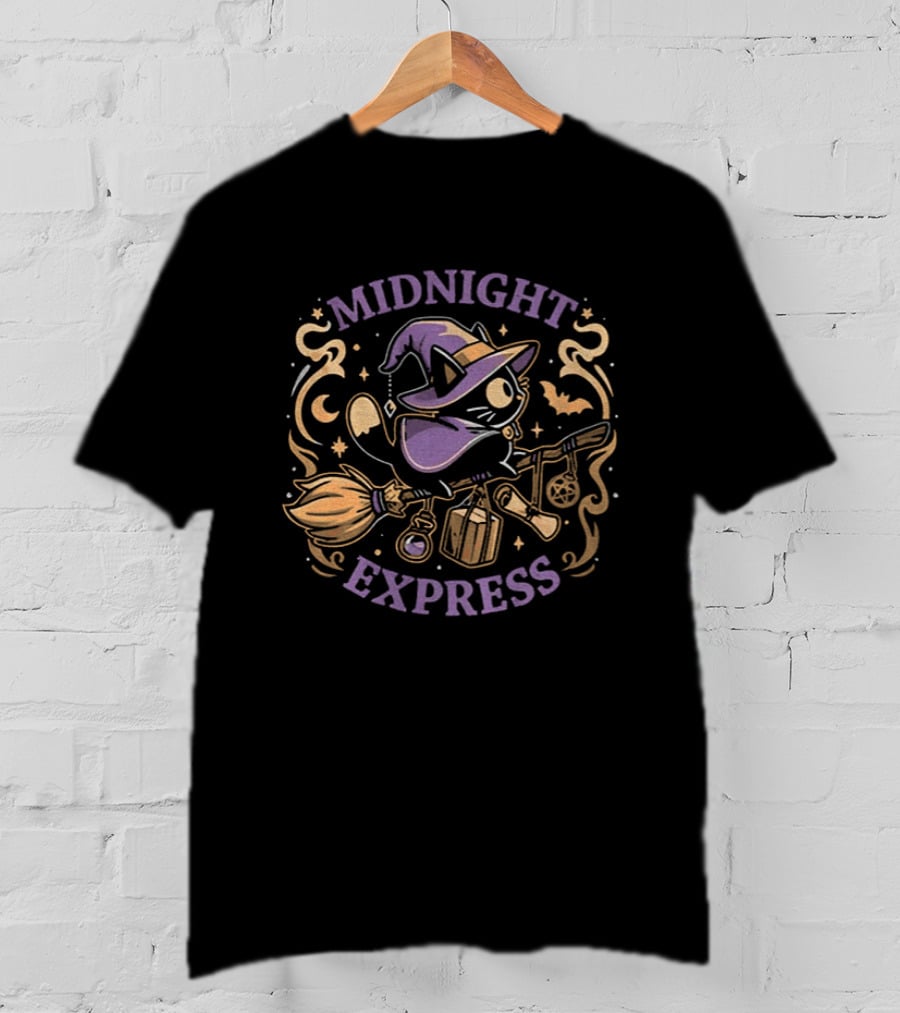 Midnight Express Witchy Cat Magic Broom Halloween T-Shirt