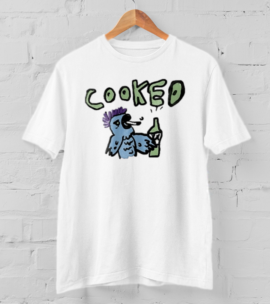 Cooked Cartoon Blue Parrot Smoking Cigarette Holding Alcohol Bottle T-Shirt