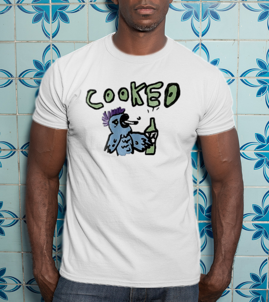 Cooked Cartoon Blue Parrot Smoking Cigarette Holding Alcohol Bottle T-Shirt