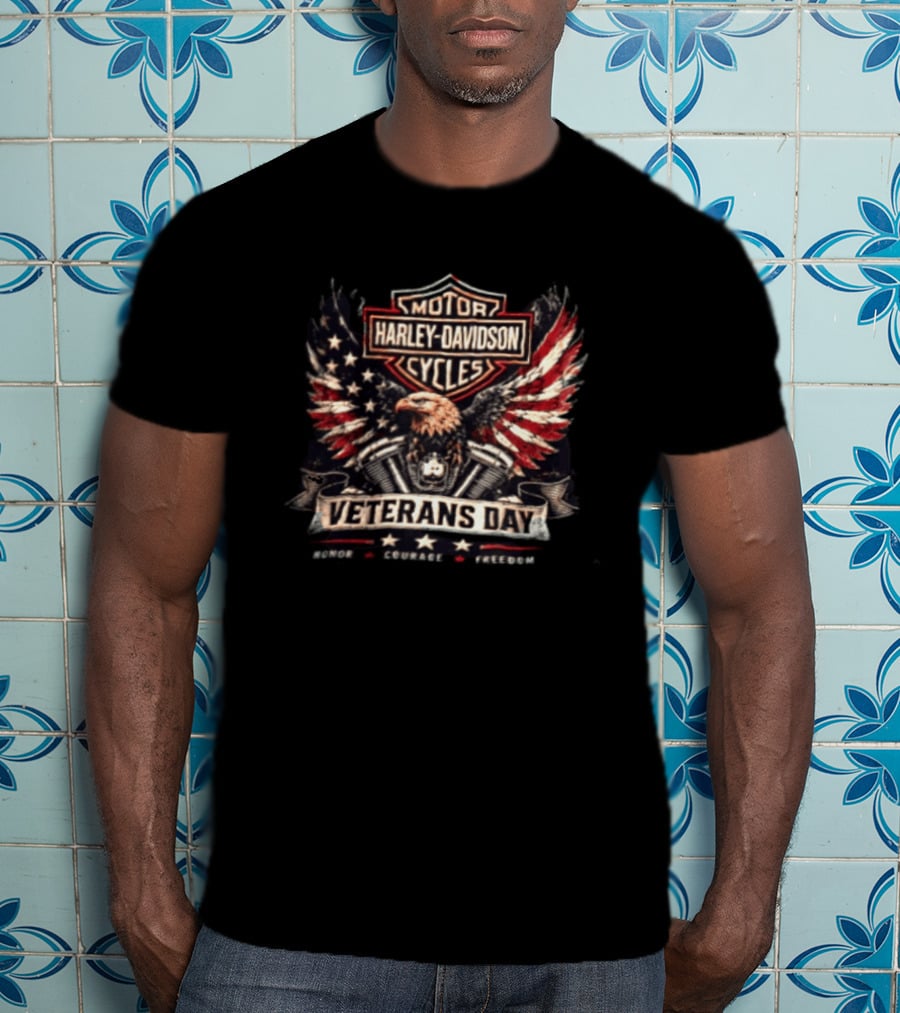 Veterans Day Harley Davidson Motor Cycles Honor Courage Freedom Eagle Wings T-Shirt