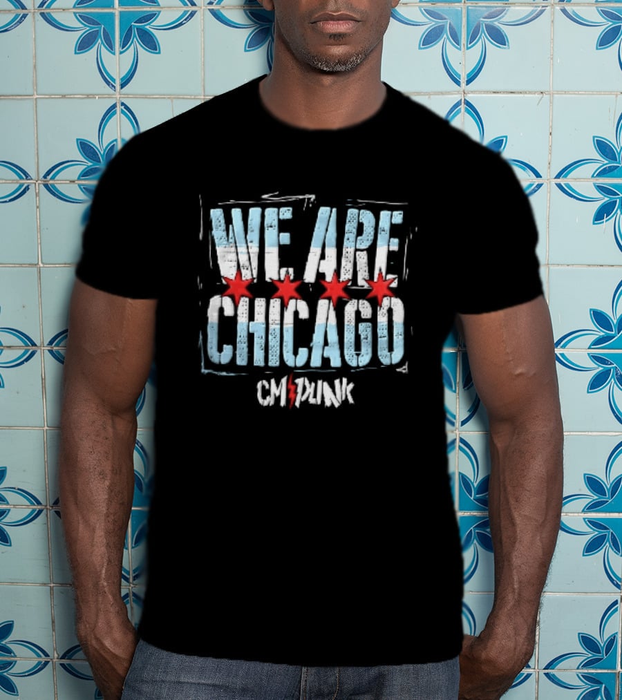 We Are Chicago CM Punk Four Red Stars Light Blue Stripes Distressed T-Shirt