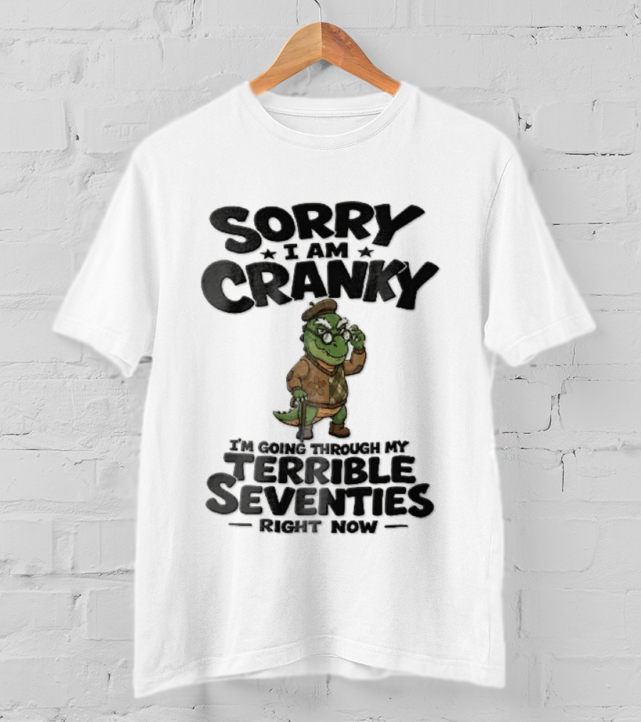 Sorry I Am Cranky Terrible Seventies Cartoon Elderly Alligator Cane Beret T-Shirt