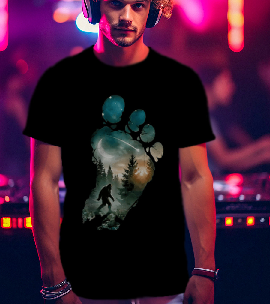 Bigfoot Footprint Moon Mountain Trees Forest Sasquatch Night Scene T-Shirt