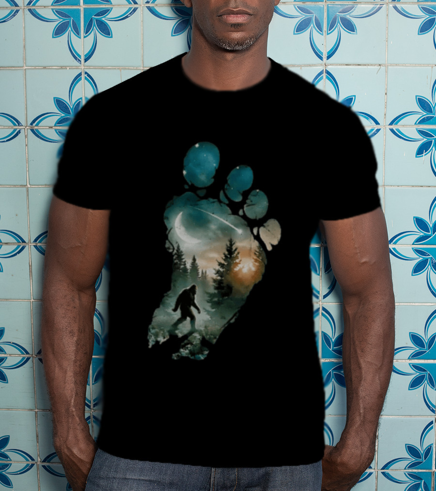Bigfoot Footprint Moon Mountain Trees Forest Sasquatch Night Scene T-Shirt
