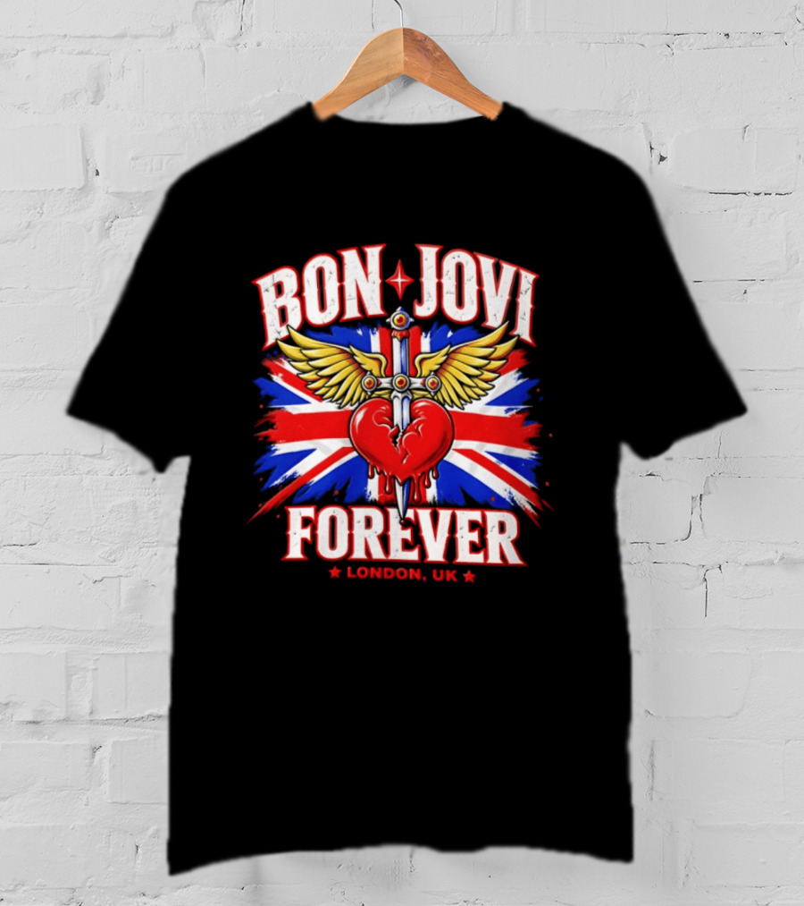 Bon Jovi Forever London UK Tour Union Jack Heart And Dagger Wings T-Shirt