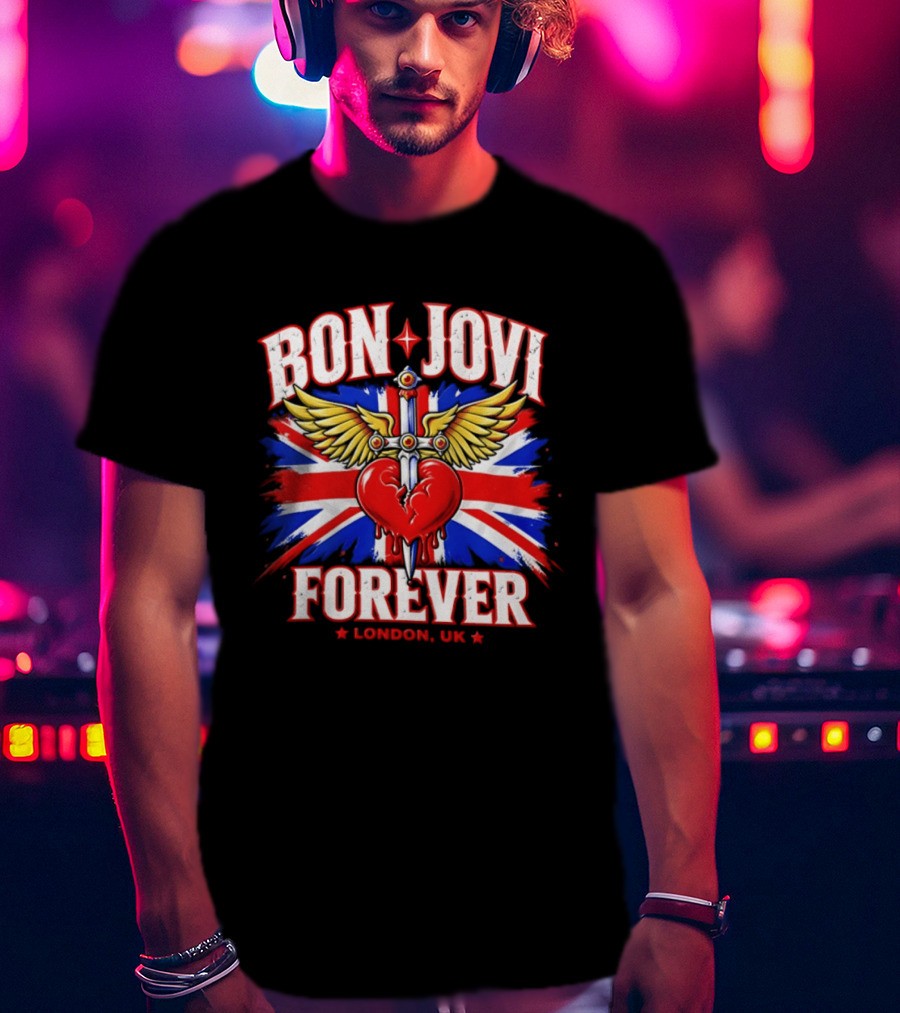 Bon Jovi Forever London UK Tour Union Jack Heart And Dagger Wings T-Shirt