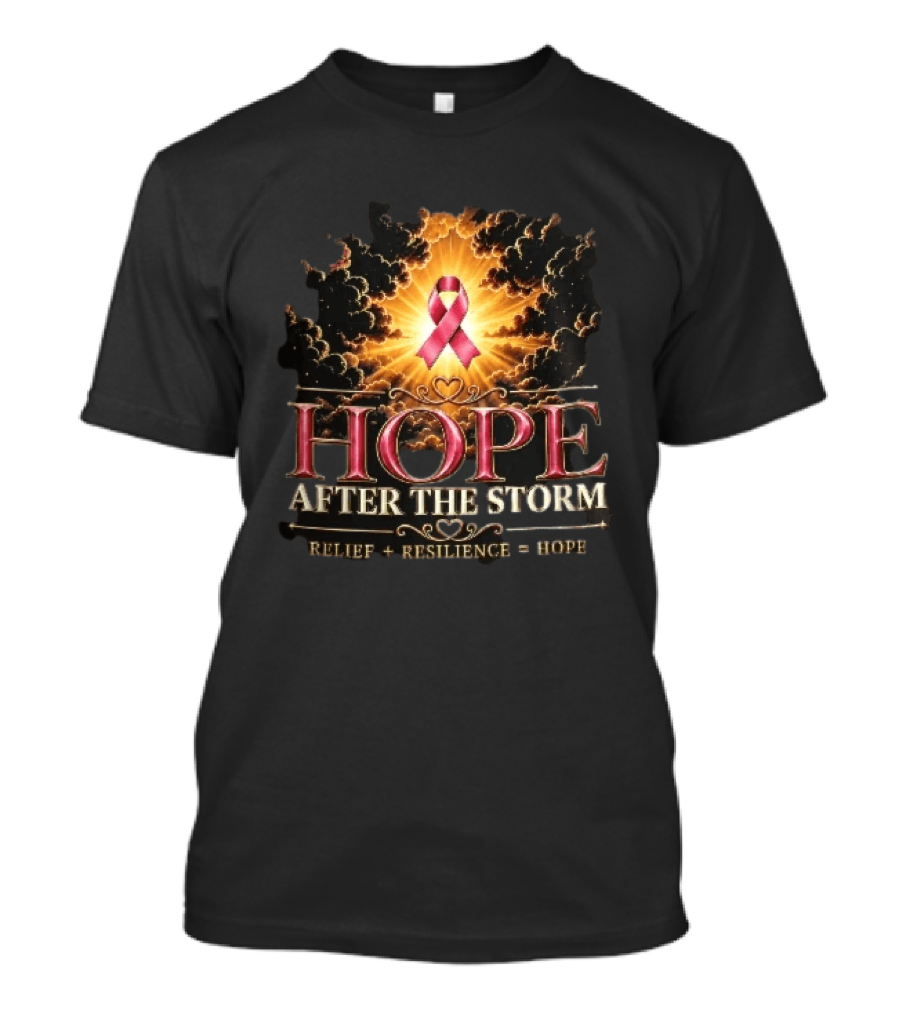 Hope After The Storm Relief Resilience Pink Breast Cancer Ribbon Clouds Sunburst Rays T-Shirt