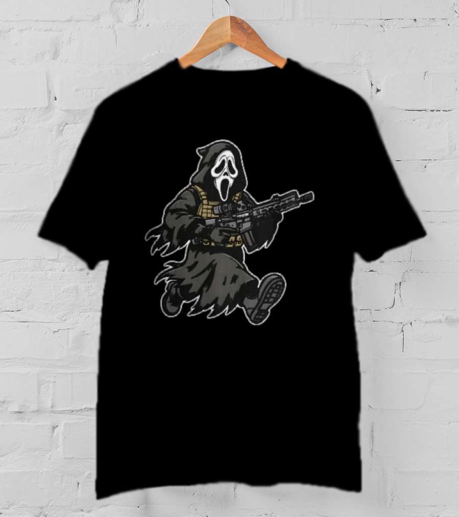 Cartoon Hooded Tactical Ghost Mask Running Assault Rifle T-Shirt