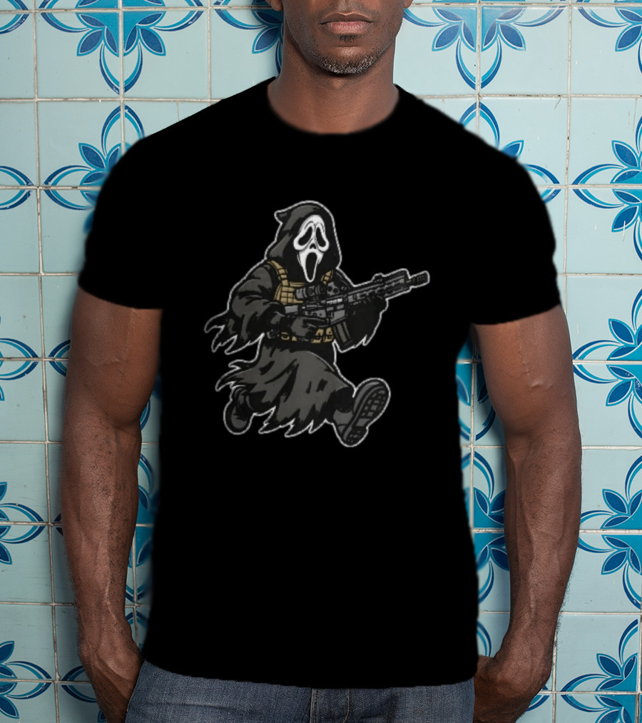 Cartoon Hooded Tactical Ghost Mask Running Assault Rifle T-Shirt