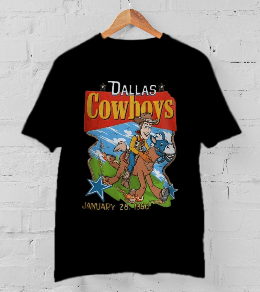 Dallas Cowboys Woody Riding Toy Horse Flames Stars January 28 1960 T-Shirt