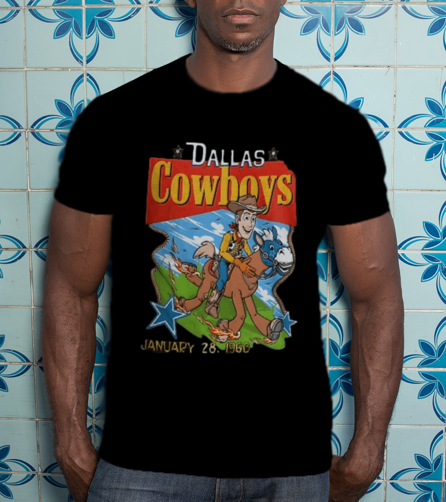 Dallas Cowboys Woody Riding Toy Horse Flames Stars January 28 1960 T-Shirt