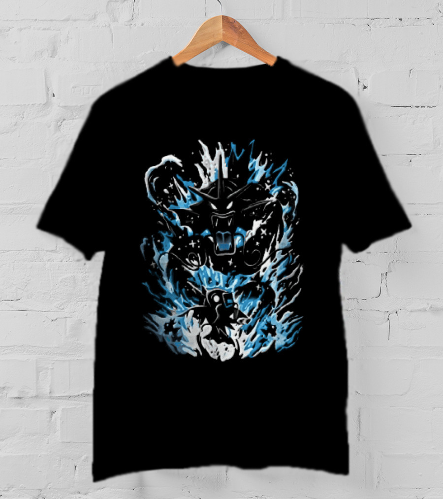 Dark Cartoon Red Gyarados Gold Magikarp Splashing Water Waves Pokémon Collection T-Shirt