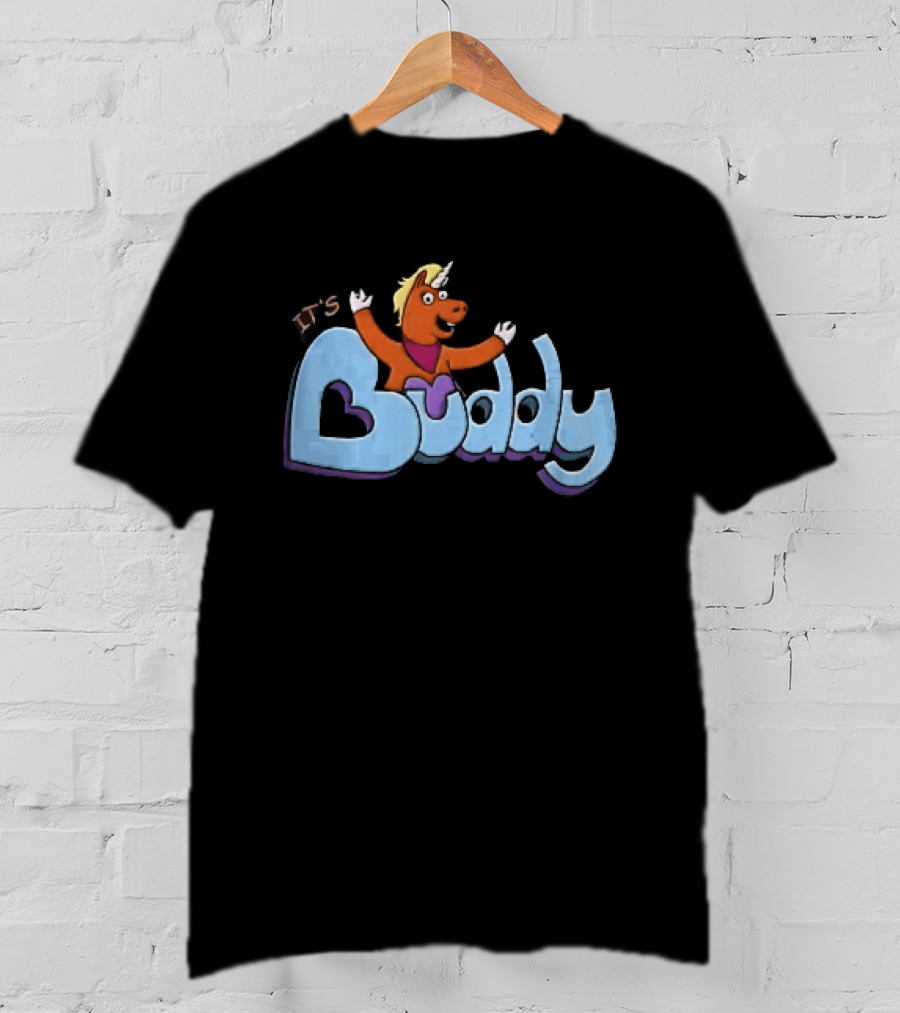 Its Buddy Cartoon Orange Unicorn Horse Purple Scarf Raised Arms T-Shirt