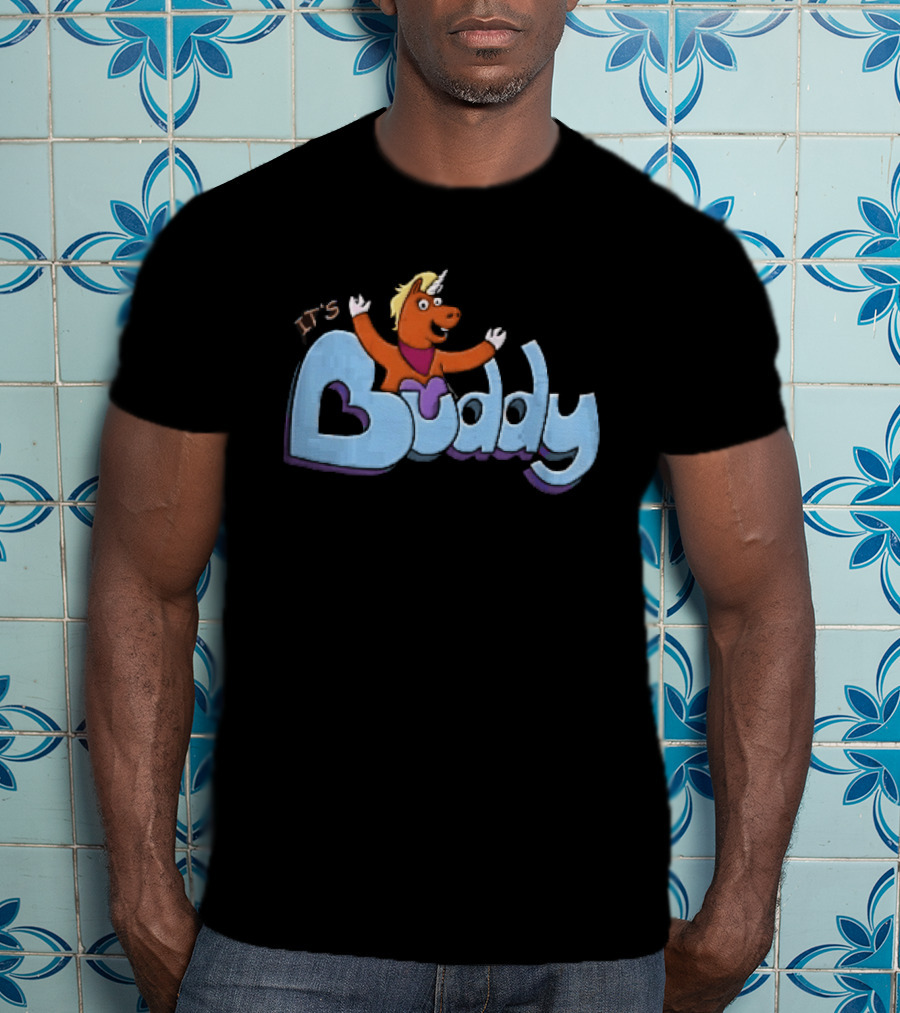 Its Buddy Cartoon Orange Unicorn Horse Purple Scarf Raised Arms T-Shirt