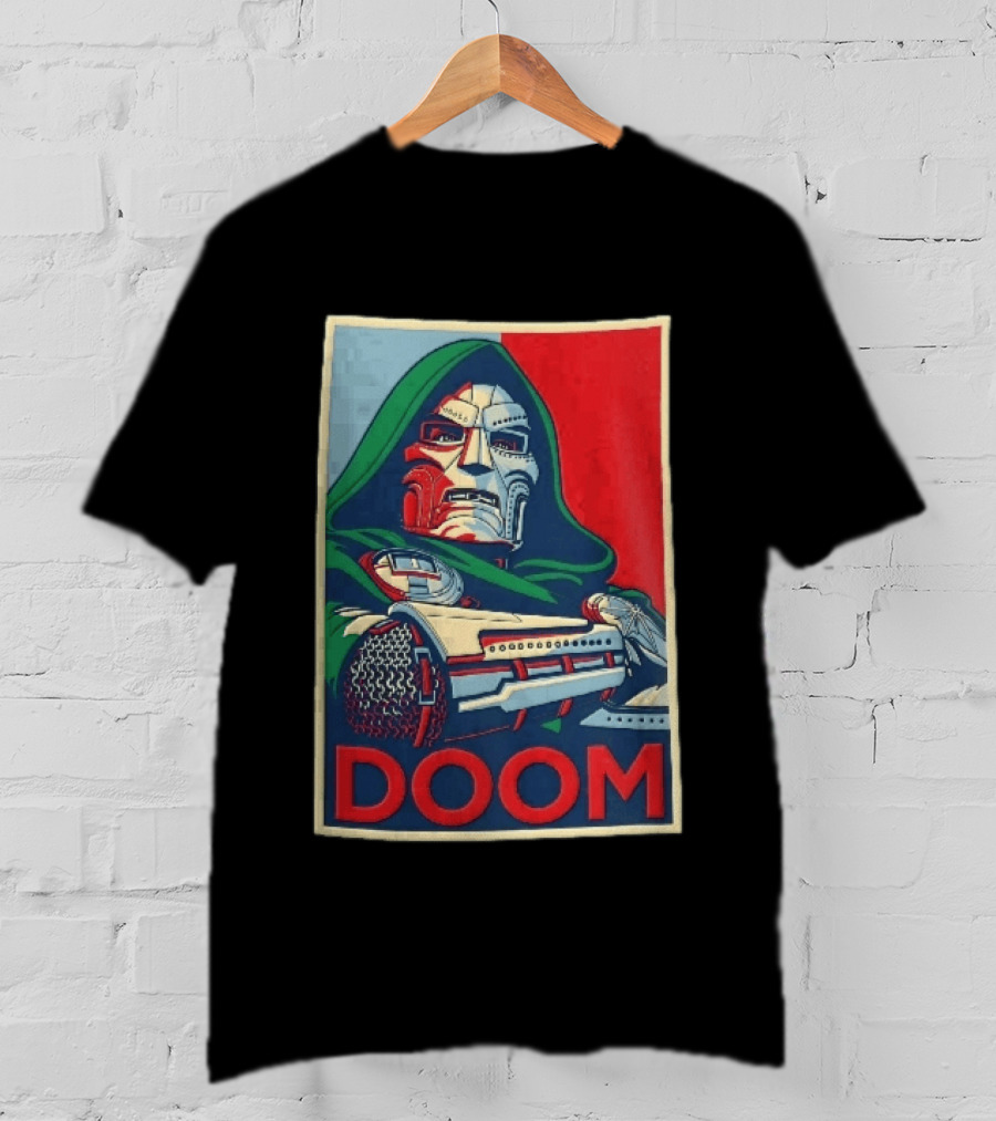 Doom Supervillain Mask Hooded Armored Gauntlets Red Blue T-Shirt