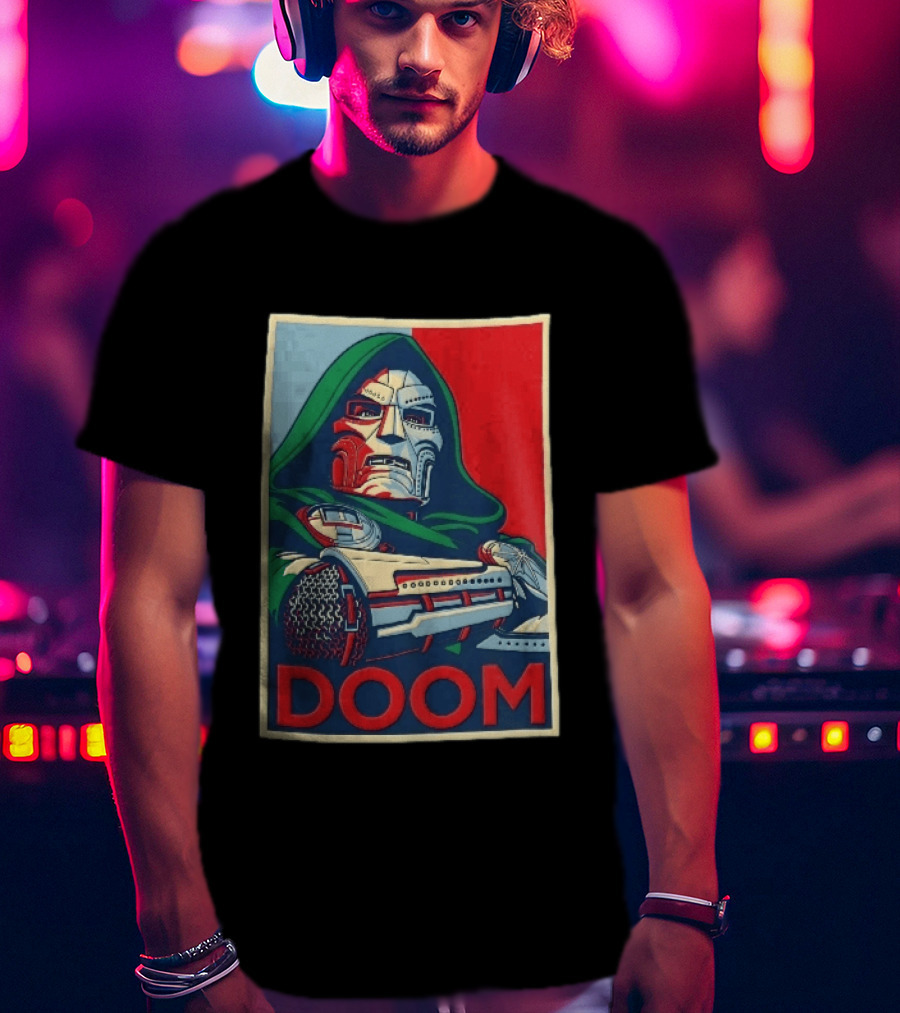 Doom Supervillain Mask Hooded Armored Gauntlets Red Blue T-Shirt