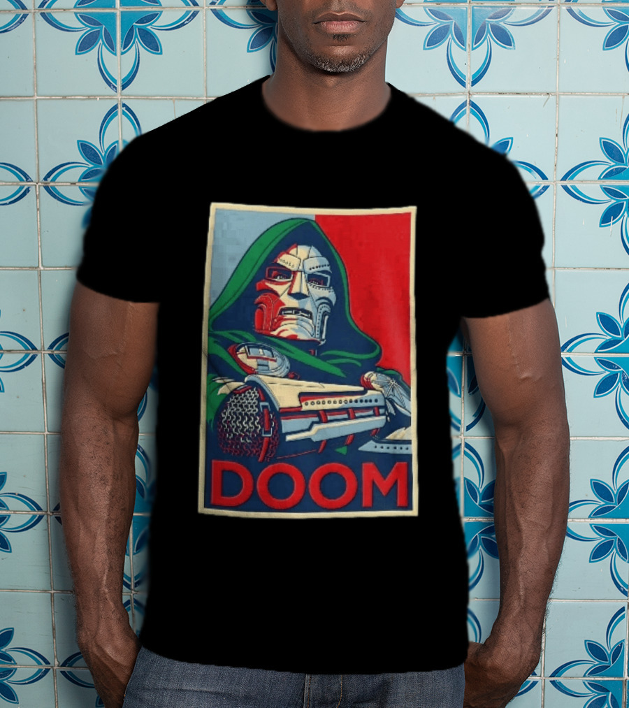 Doom Supervillain Mask Hooded Armored Gauntlets Red Blue T-Shirt