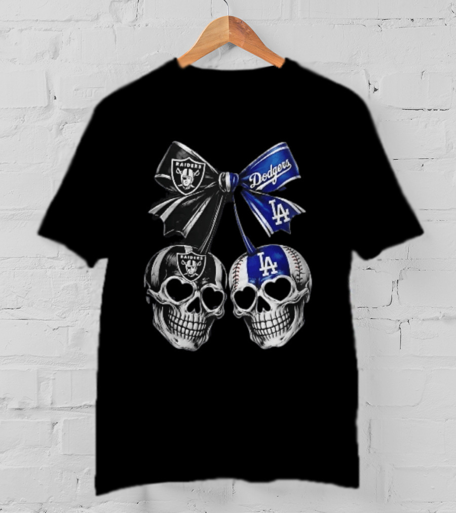 Las Vegas Raiders Los Angeles Dodgers MLB Skulls Cherry Heart Eye Sockets Bow Ribbon T-Shirt