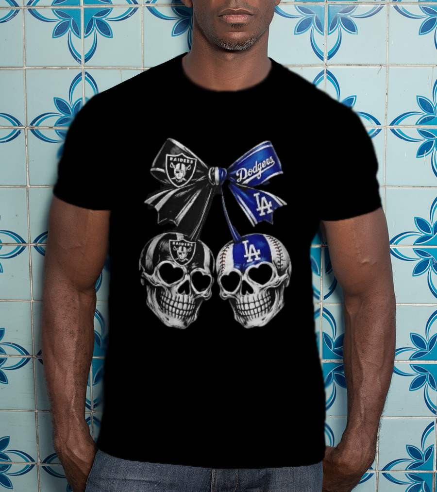 Las Vegas Raiders Los Angeles Dodgers MLB Skulls Cherry Heart Eye Sockets Bow Ribbon T-Shirt