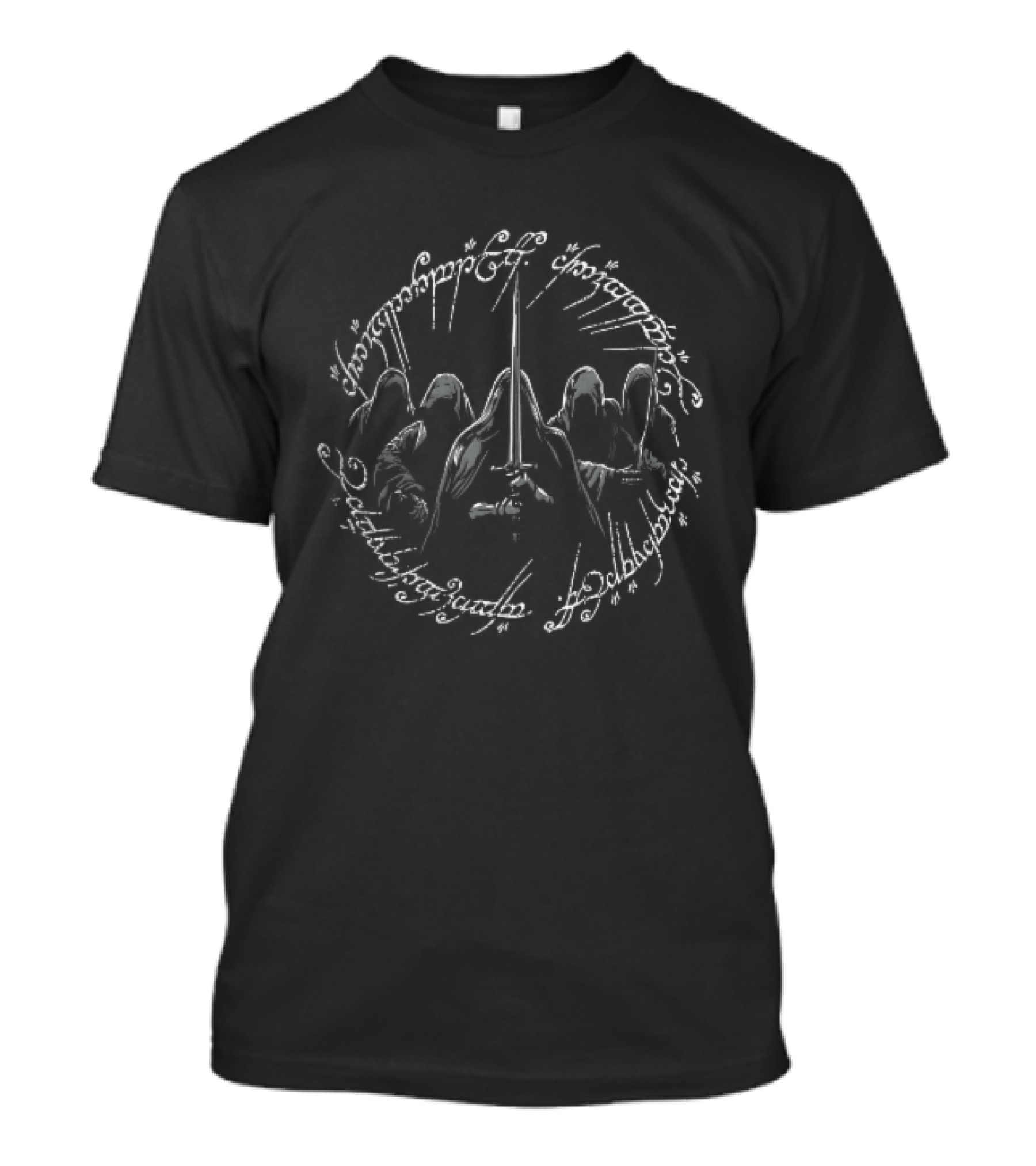 Five Hooded Nazgul Dark Wraiths Tengwar Script Middle Earth Ring Sword T-Shirt