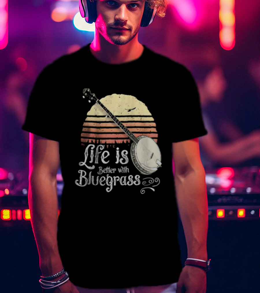 Life Is Better With Bluegrass Vintage Sunset Banjo T-Shirt