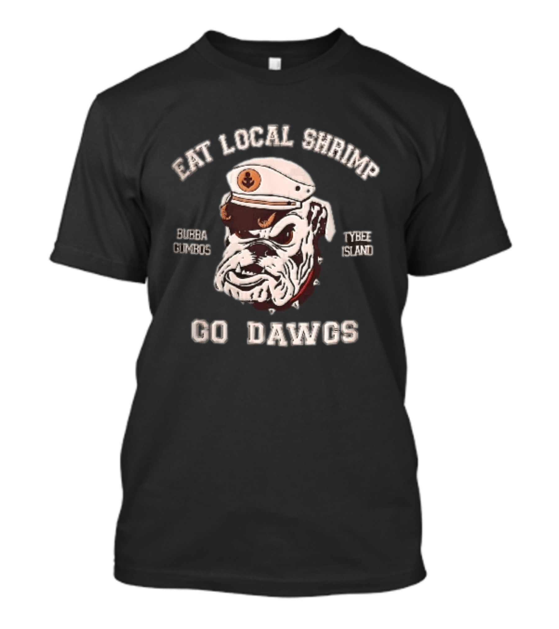 Eat Local Shrimp Bubba Gumbos Tybee Island Go Dawgs Captain Hat Spiked Collar T-Shirt