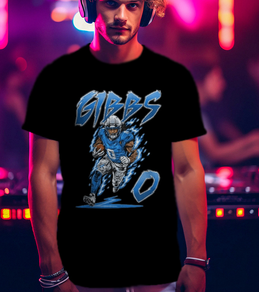 Gibbs 0 Blue Energy Lightning Running Football Player Cartoon T-Shirt