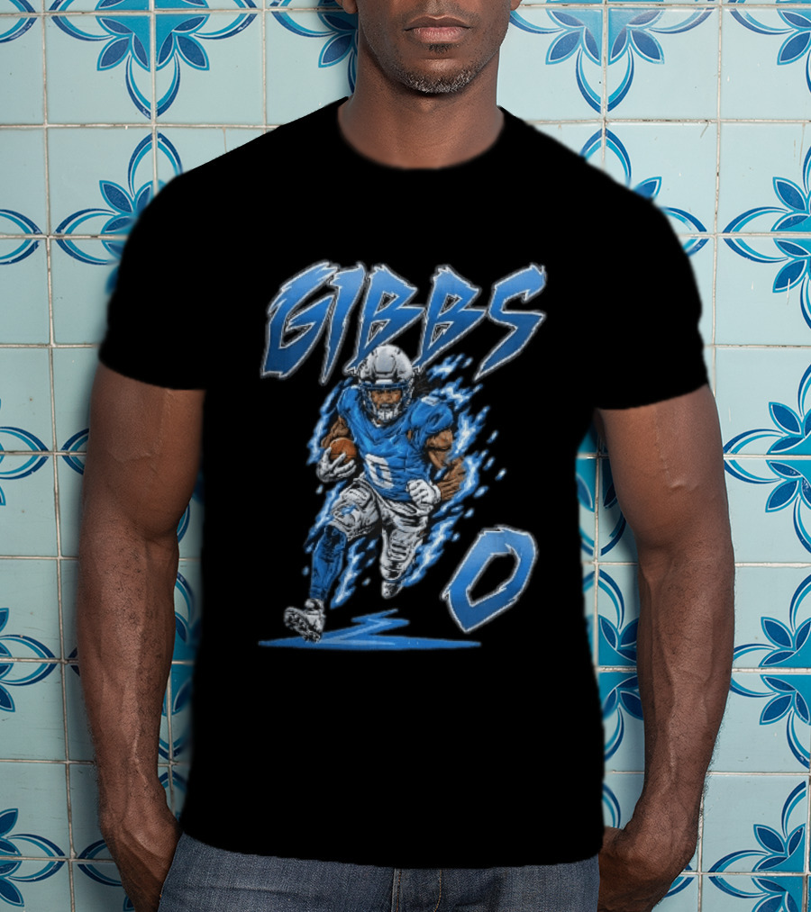 Gibbs 0 Blue Energy Lightning Running Football Player Cartoon T-Shirt