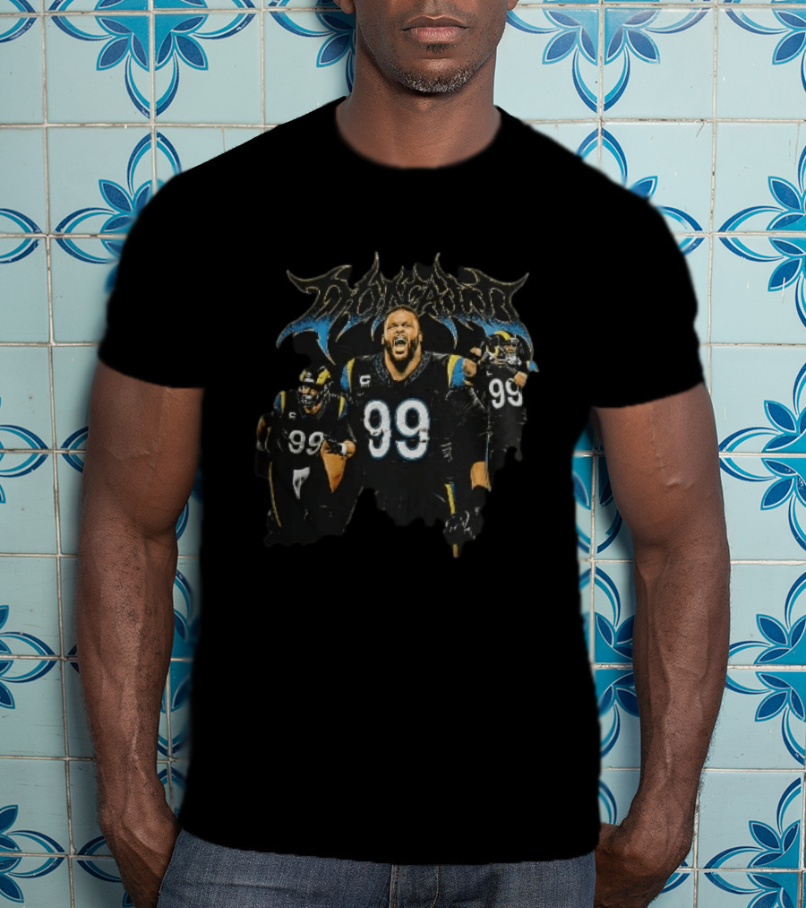 Los Angeles Rams Donald 99 Screaming Heavy Metal Font Collage T-Shirt