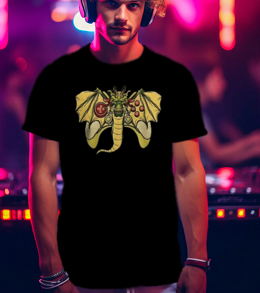 Green Chinese Dragon Head Gamepad Controller Wings Tail Cartoon Gamer Fun T-Shirt