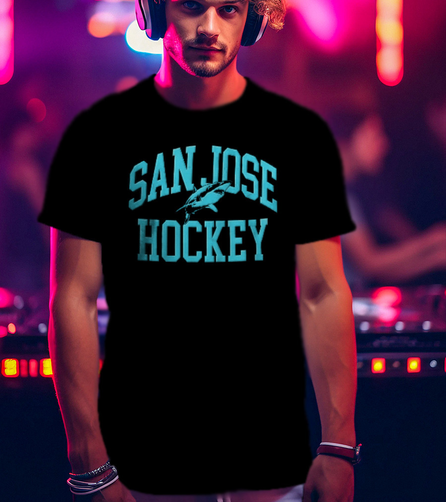 San Jose Hockey Great White Shark Arched Teal Halftone T-Shirt