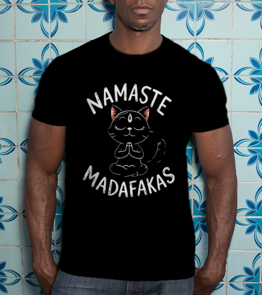 Namaste Madafakas Meditating Black Cat Lotus Pose T-Shirt