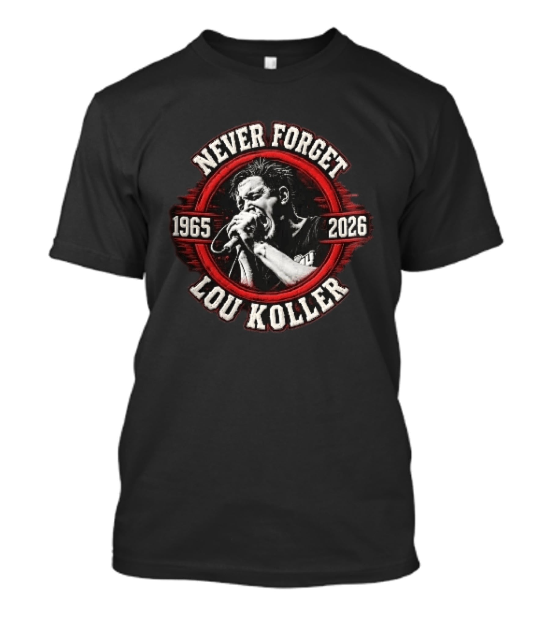 Never Forget Lou Koller 1965 2026 Singer Screaming Microphone Red Frame T-Shirt