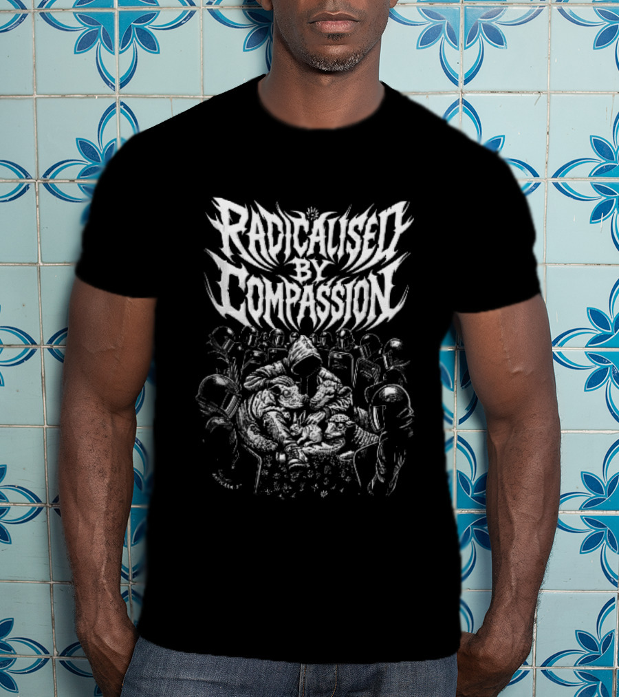 Radicalised By Compassion Hooded Figure Hugging Farm Animals Riot Police Line T-Shirt