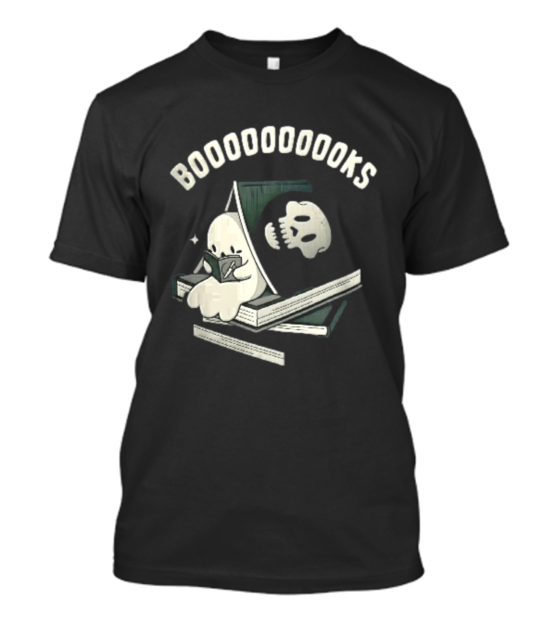 Boooooooooks Cartoon Ghost Reading Novel With Skeleton Specter T-Shirt